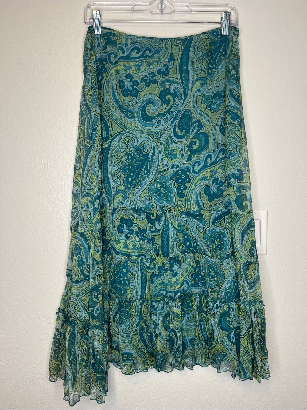 Vintage Y2K Teal Silk Chiffon Paisley Midi Skirt Sz 6 Allison Taylor Boho Fairy